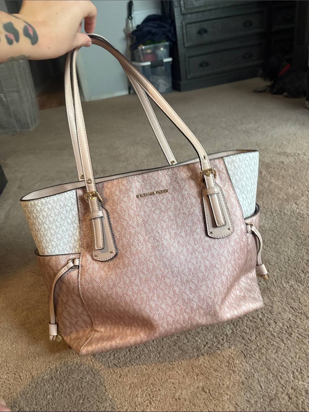 Michael Kors Metallic Rose Gold and White Signature Tote